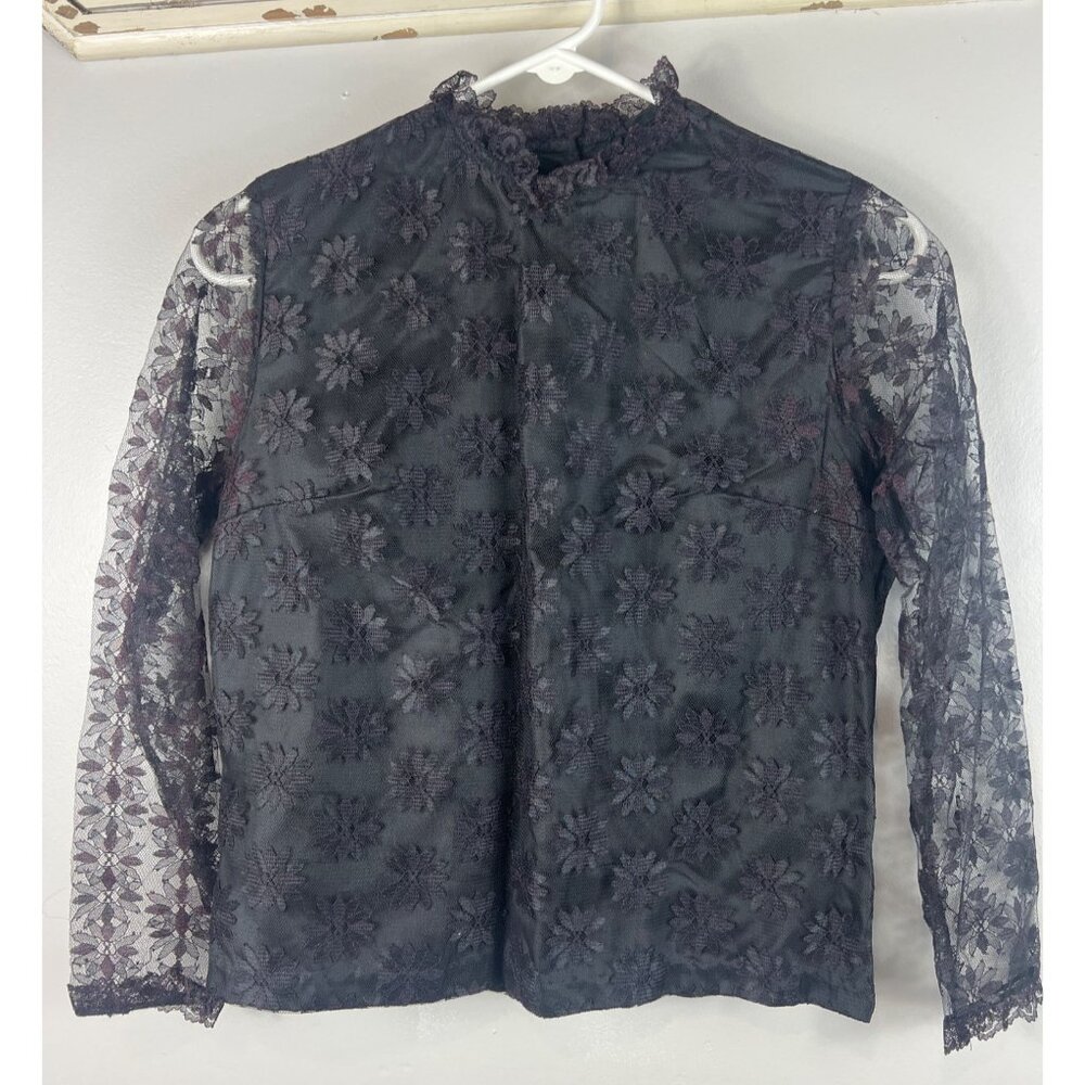 Vintage Black Lace Blouse Long Sleeve Buttons up the Back Small